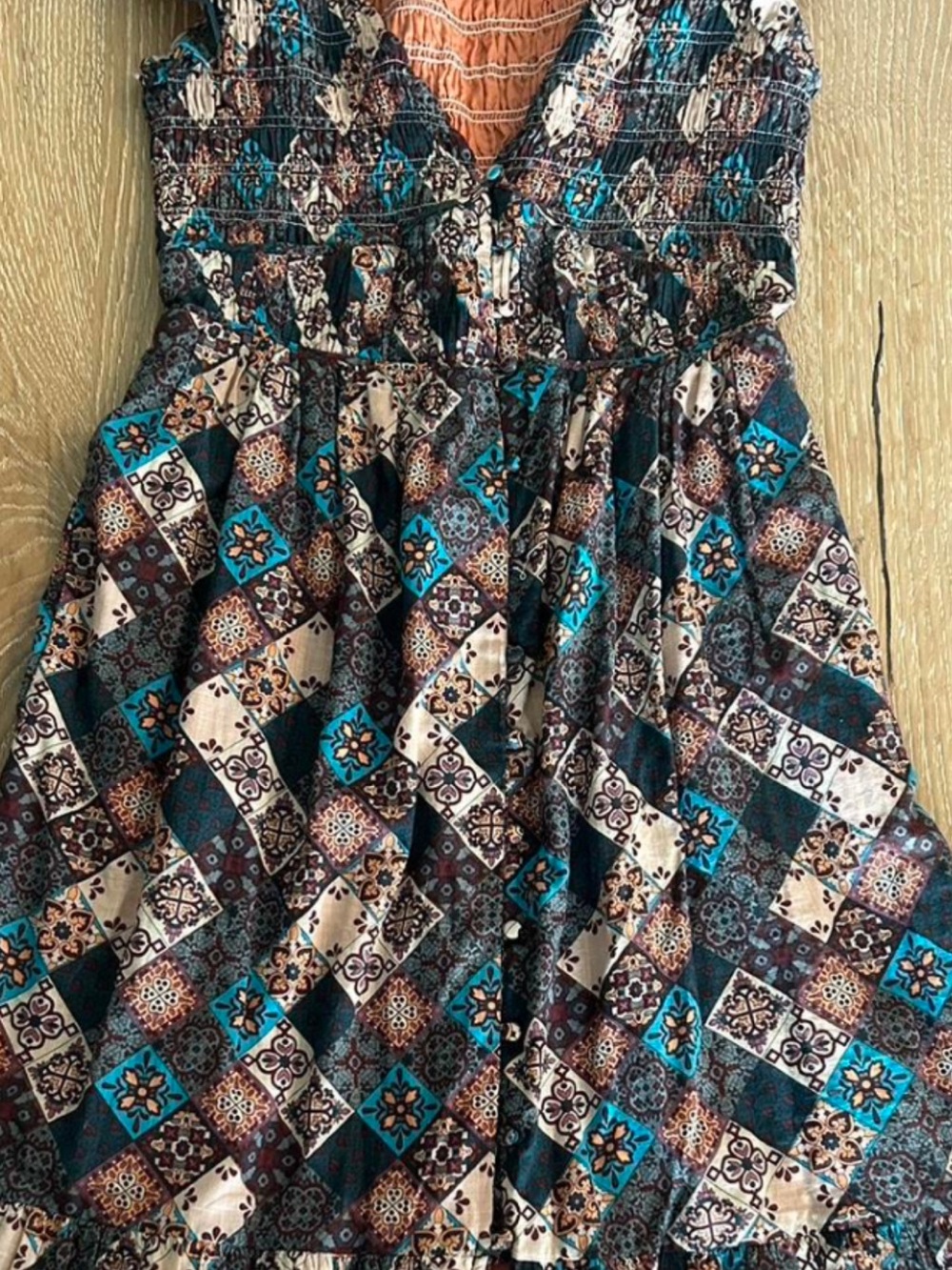 Anthropologie Patchwork Maxi Dress in Brown, Teal, and Cream - Picture 2 of 4